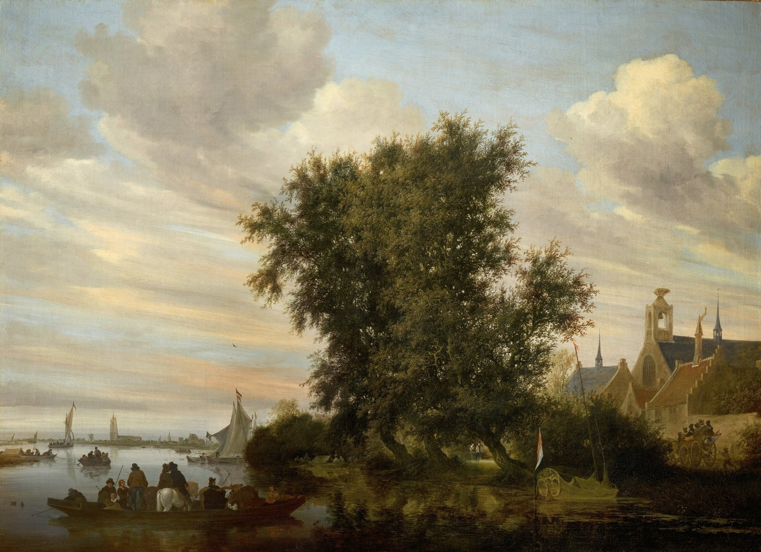 Landscape Oil Painting - Dutch Riverside Village at Dusk - Oil Painting Haven