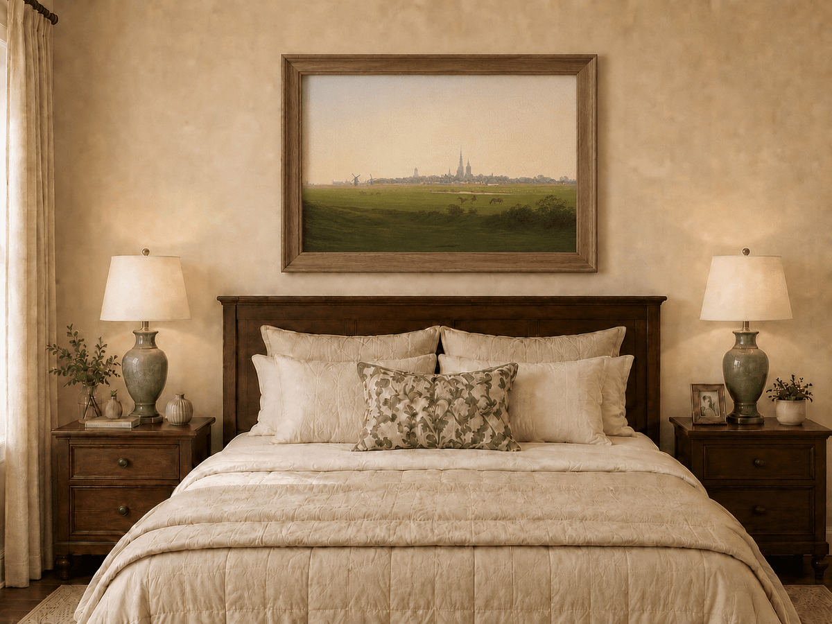 Landscape Oil Painting - Dutch Town, Windmills, Horses & Church