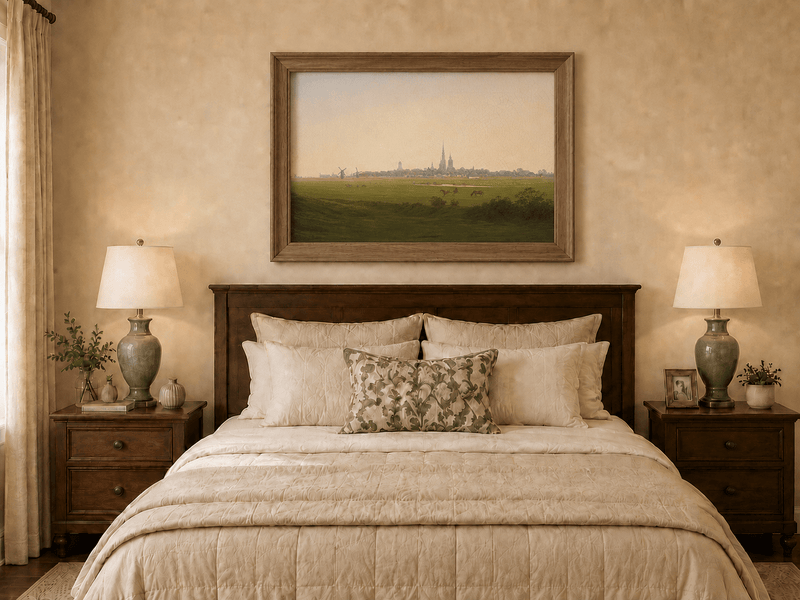 Landscape Oil Painting - Dutch Town, Windmills, Horses & Church