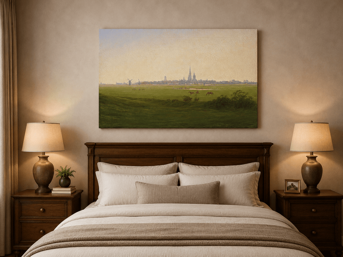 Landscape Oil Painting - Dutch Town, Windmills, Horses & Church