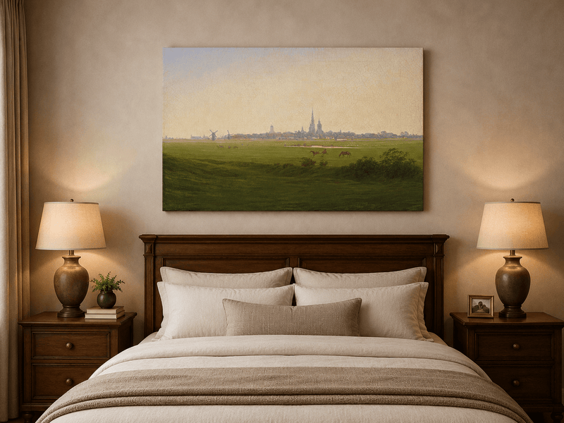 Landscape Oil Painting - Dutch Town, Windmills, Horses & Church