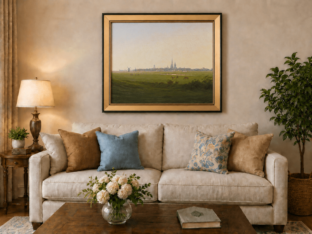 Landscape Oil Painting - Dutch Town, Windmills, Horses & Church