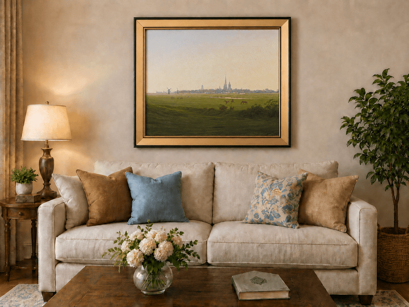 Landscape Oil Painting - Dutch Town, Windmills, Horses & Church