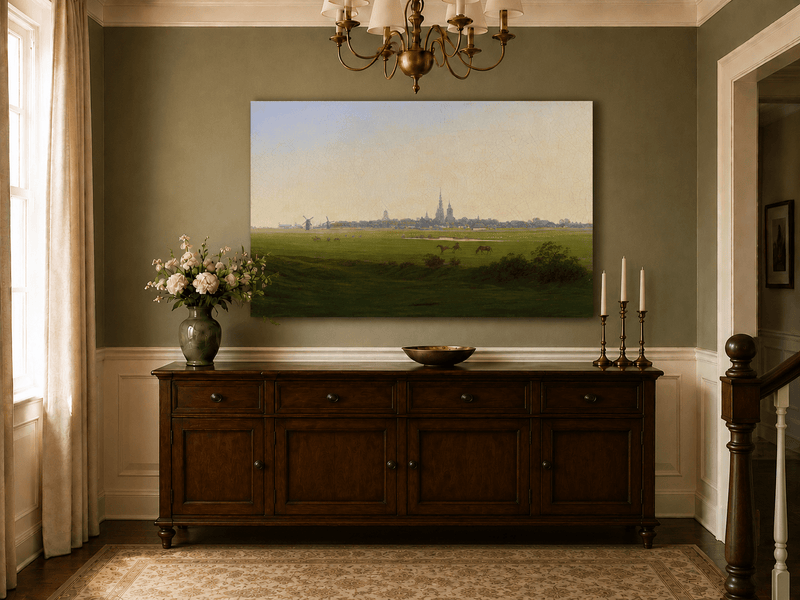 Landscape Oil Painting - Dutch Town, Windmills, Horses & Church