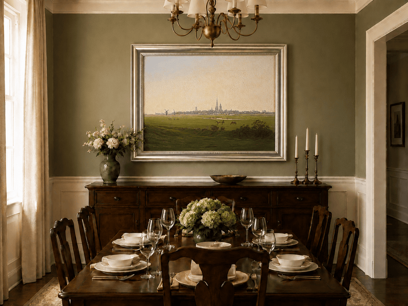 Landscape Oil Painting - Dutch Town, Windmills, Horses & Church