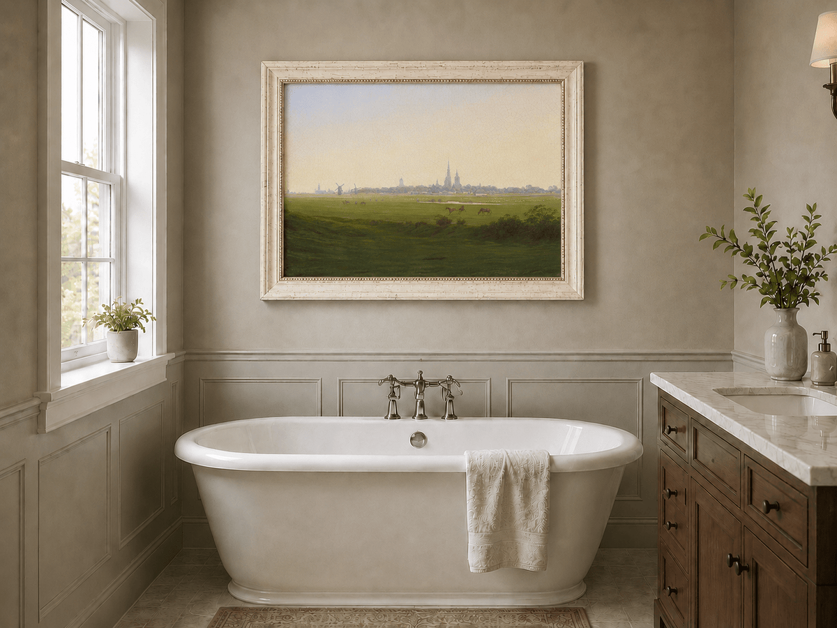 Landscape Oil Painting - Dutch Town, Windmills, Horses & Church