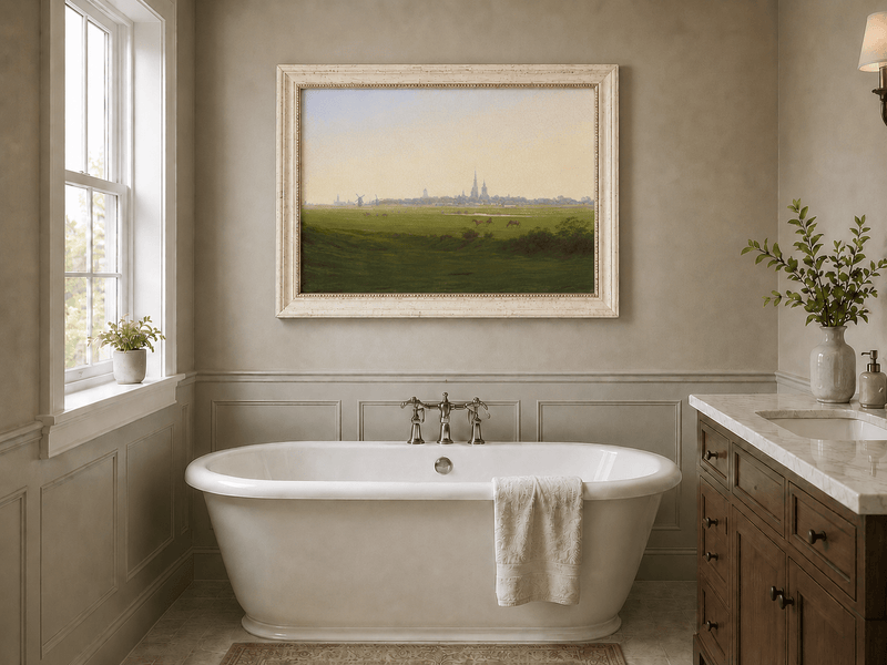 Landscape Oil Painting - Dutch Town, Windmills, Horses & Church