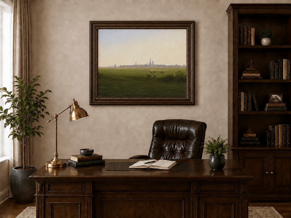 Landscape Oil Painting - Dutch Town, Windmills, Horses & Church