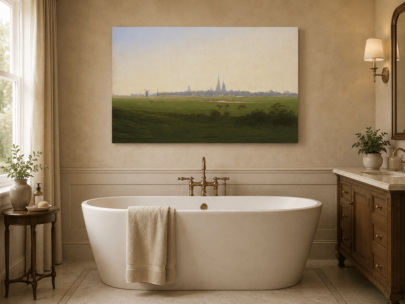 Landscape Oil Painting - Dutch Town, Windmills, Horses & Church