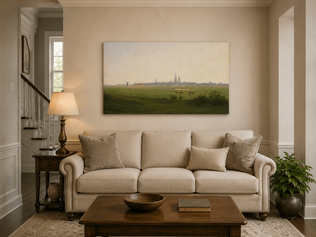Landscape Oil Painting - Dutch Town, Windmills, Horses & Church