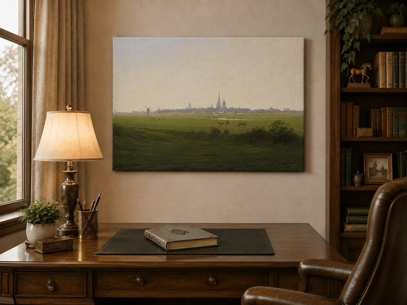 Landscape Oil Painting - Dutch Town, Windmills, Horses & Church