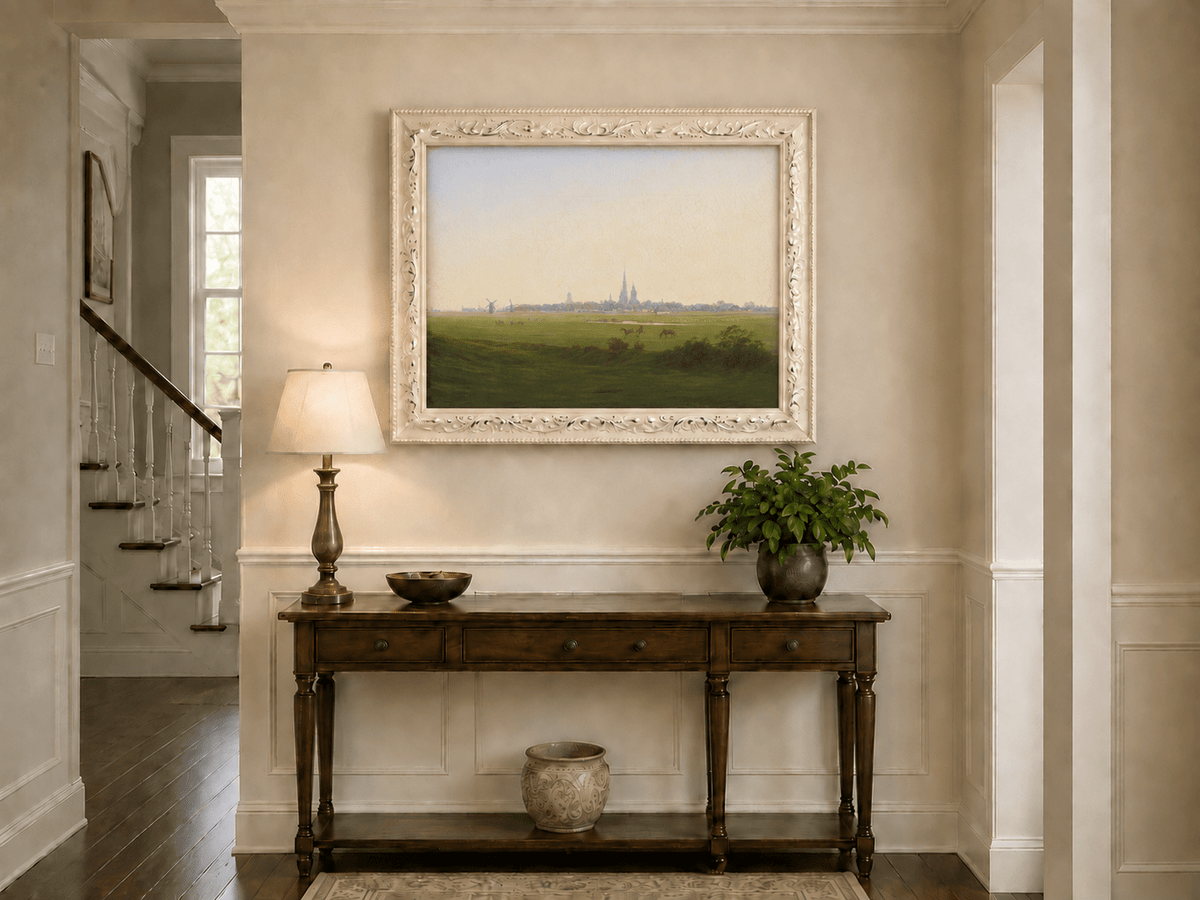 Landscape Oil Painting - Dutch Town, Windmills, Horses & Church