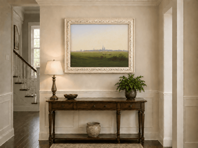 Landscape Oil Painting - Dutch Town, Windmills, Horses & Church