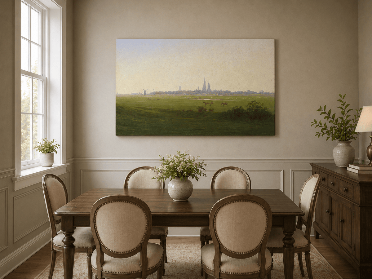 Landscape Oil Painting - Dutch Town, Windmills, Horses & Church