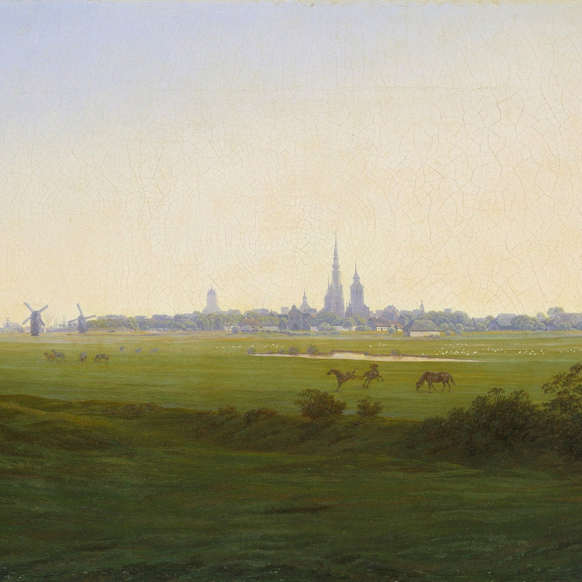 Landscape Oil Painting - Dutch Town, Windmills, Horses & Church Spires - Oil Painting Haven