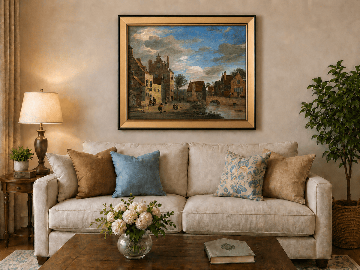 Landscape Oil Painting - Dutch Village by Canal and Bridge