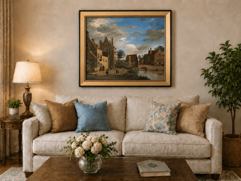 Landscape Oil Painting - Dutch Village by Canal and Bridge
