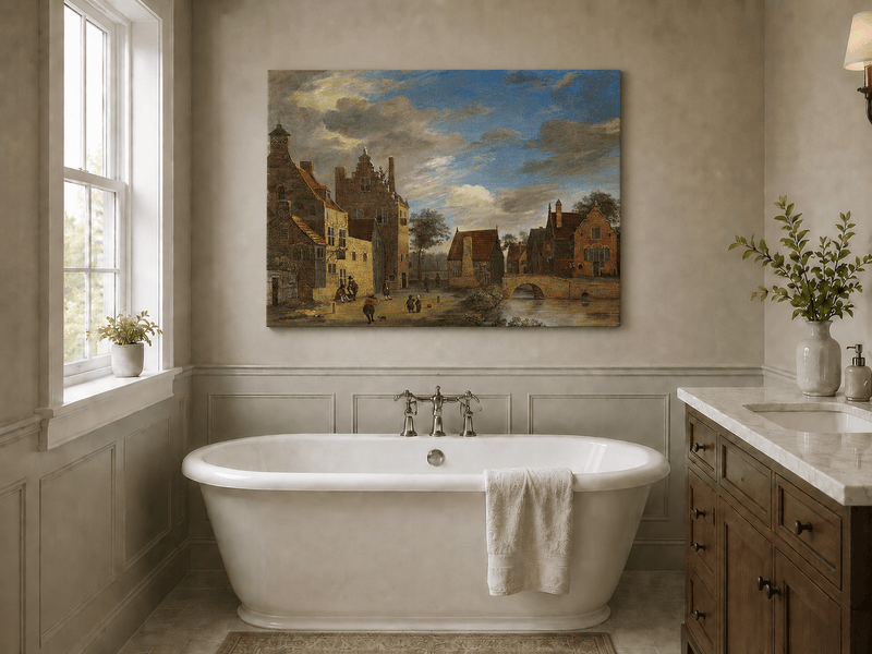 Landscape Oil Painting - Dutch Village by Canal and Bridge