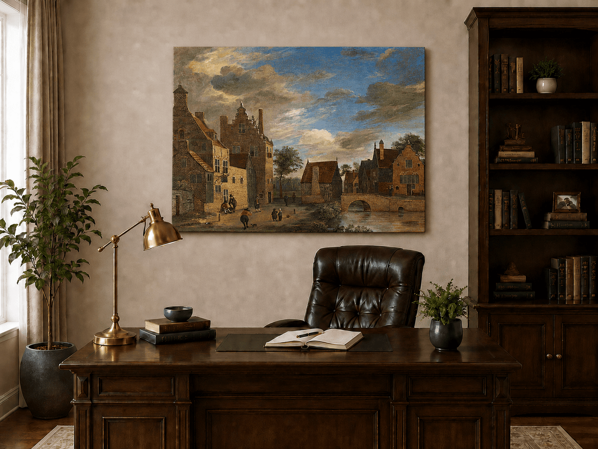 Landscape Oil Painting - Dutch Village by Canal and Bridge