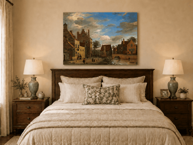 Landscape Oil Painting - Dutch Village by Canal and Bridge