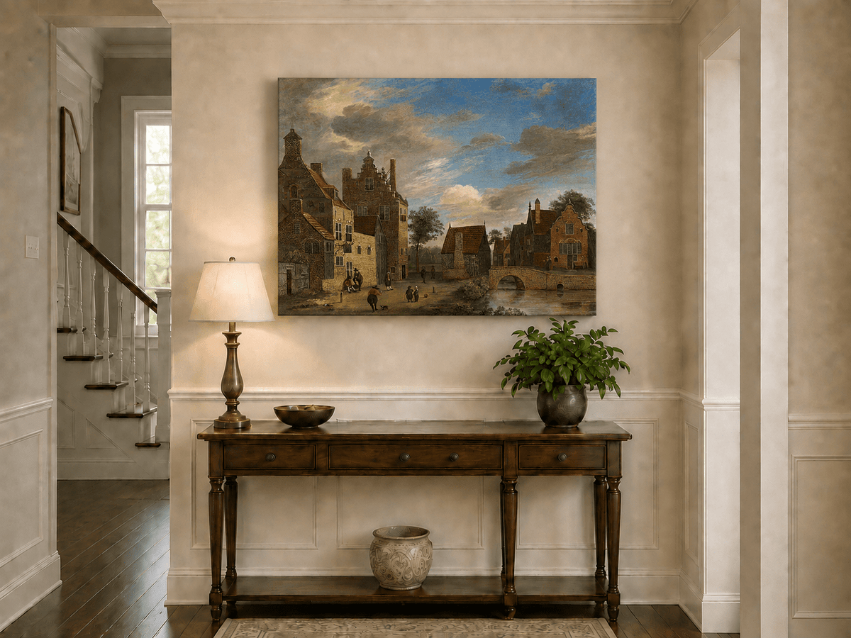 Landscape Oil Painting - Dutch Village by Canal and Bridge