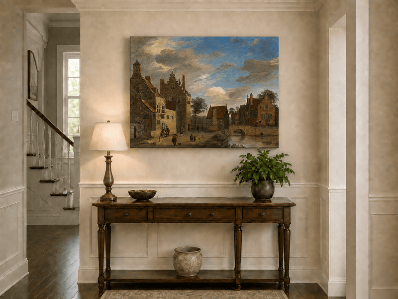 Landscape Oil Painting - Dutch Village by Canal and Bridge