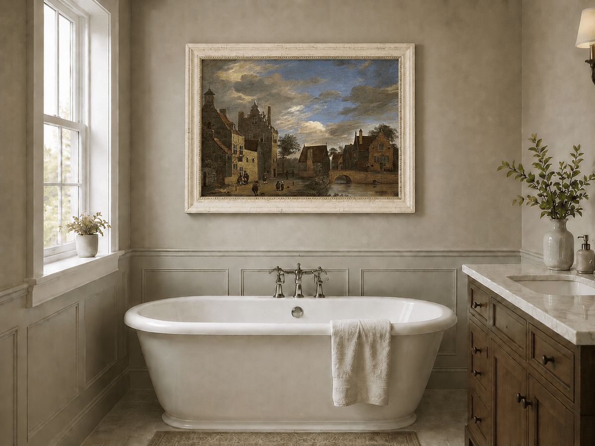 Landscape Oil Painting - Dutch Village by Canal and Bridge