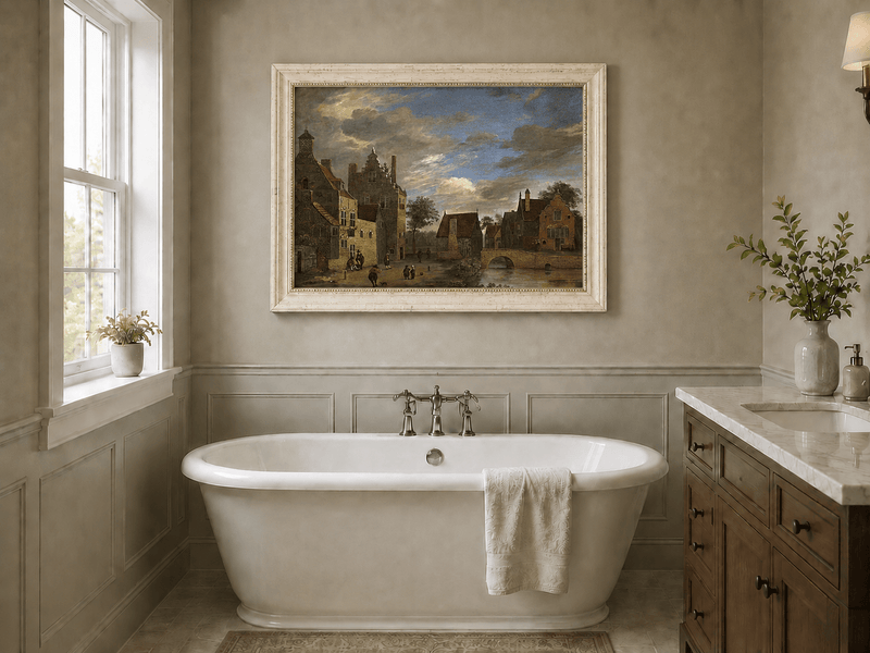 Landscape Oil Painting - Dutch Village by Canal and Bridge