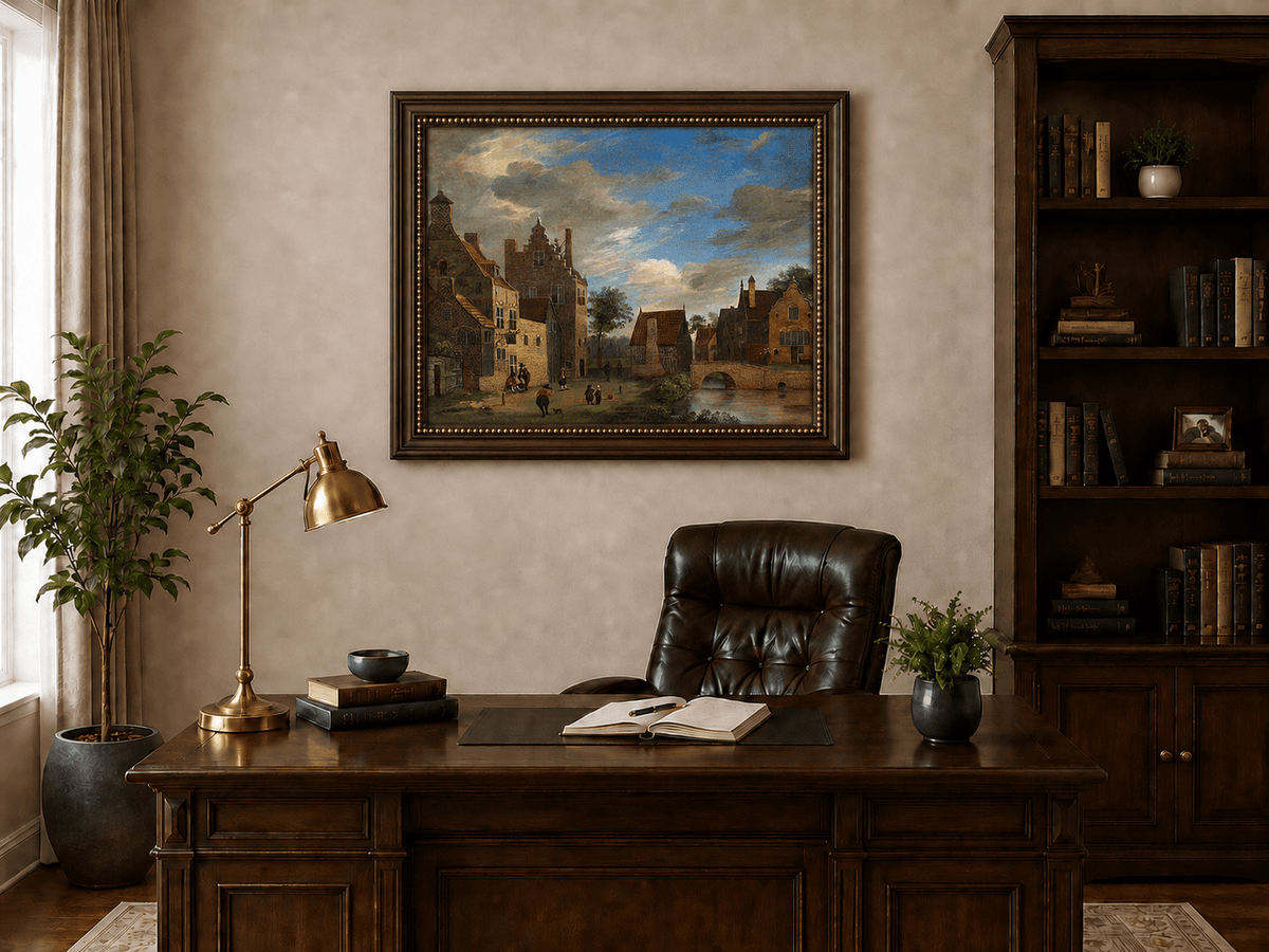 Landscape Oil Painting - Dutch Village by Canal and Bridge