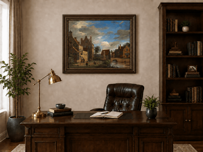Landscape Oil Painting - Dutch Village by Canal and Bridge