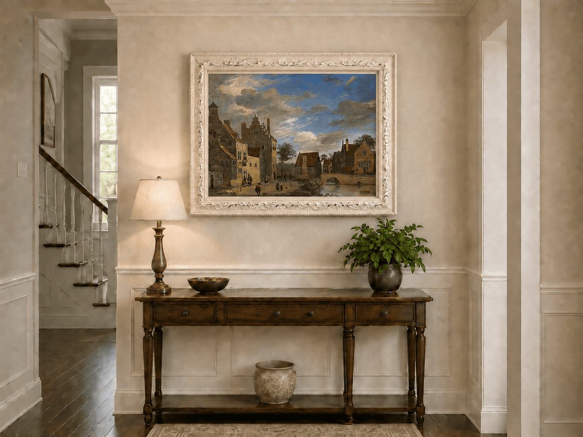 Landscape Oil Painting - Dutch Village by Canal and Bridge