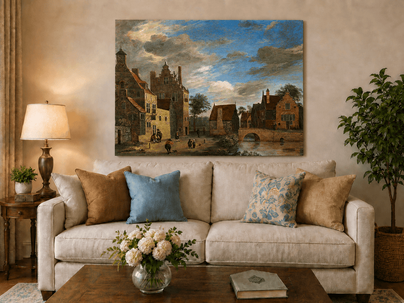 Landscape Oil Painting - Dutch Village by Canal and Bridge