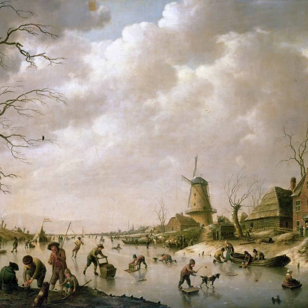 Landscape Oil Painting - Dutch winter ice scene & village windmill - Oil Painting Haven