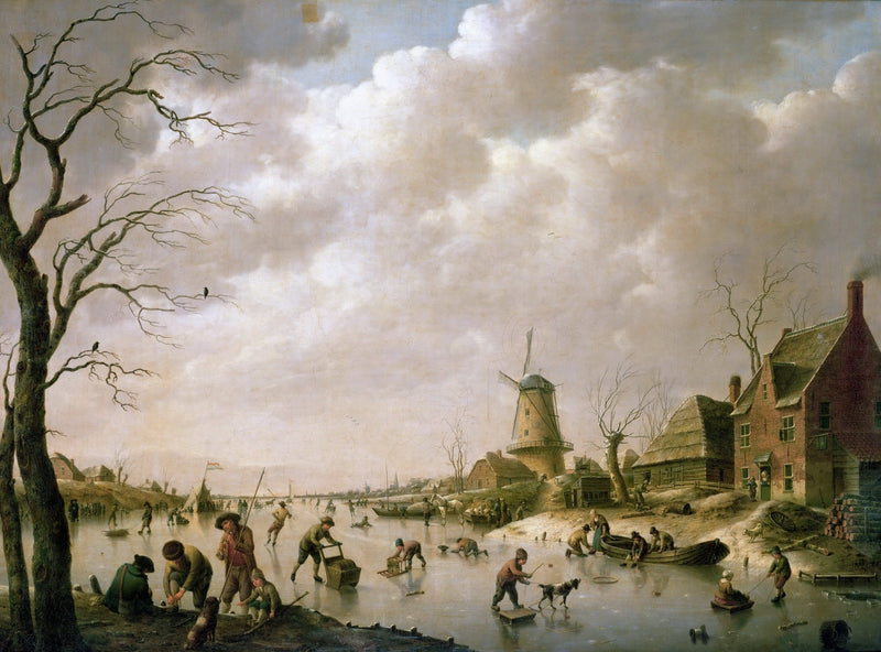 Landscape Oil Painting - Dutch winter ice scene & village windmill - Oil Painting Haven