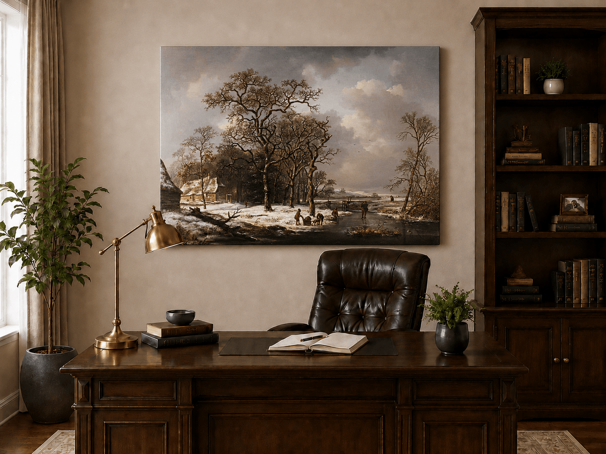 Ölgemälde Landschaft - Niederländische Winterlandschaft & Schnee