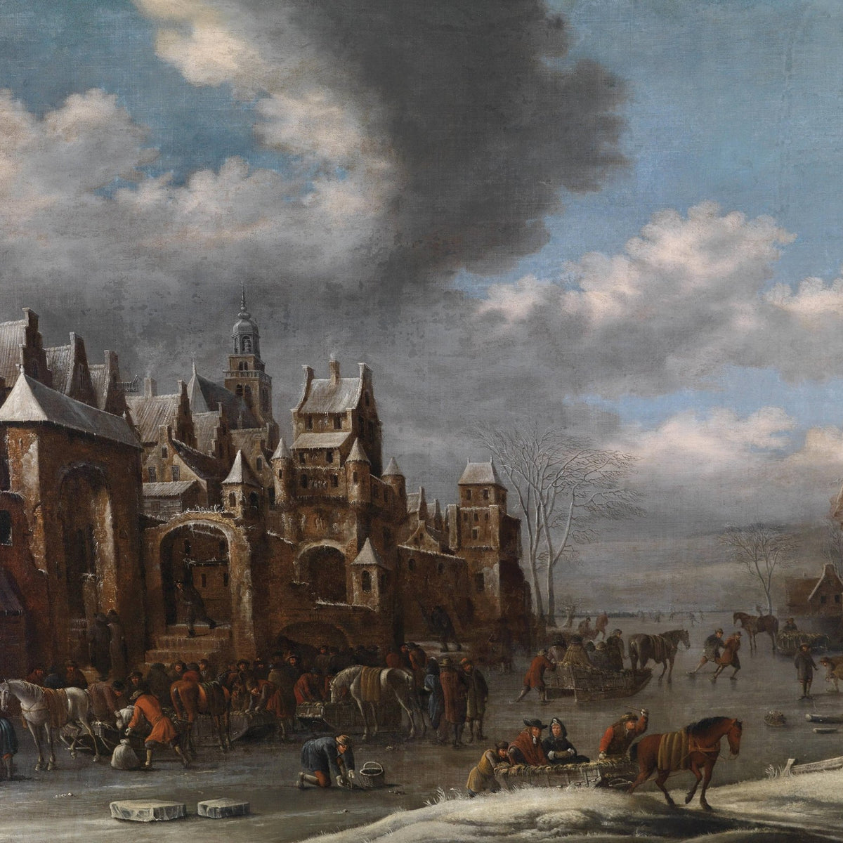 Landscape Oil Painting - Dutch Winter Town & Castle, Ice Activities - Oil Painting Haven