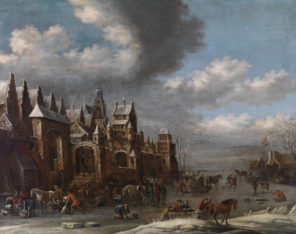 Landscape Oil Painting - Dutch Winter Town & Castle, Ice Activities - Oil Painting Haven