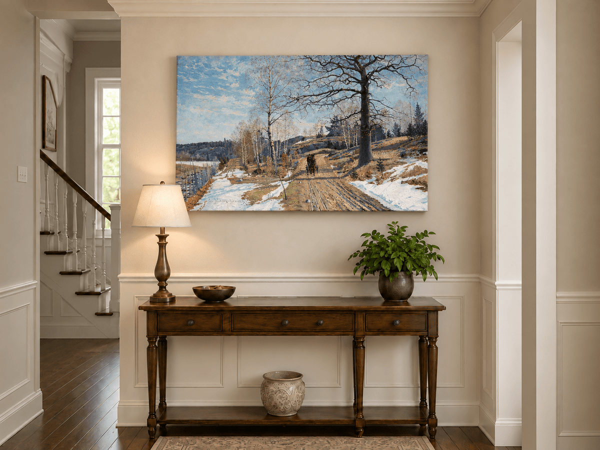 Peinture à l'huile de paysage - Cheval sur une route de campagne au début du printemps