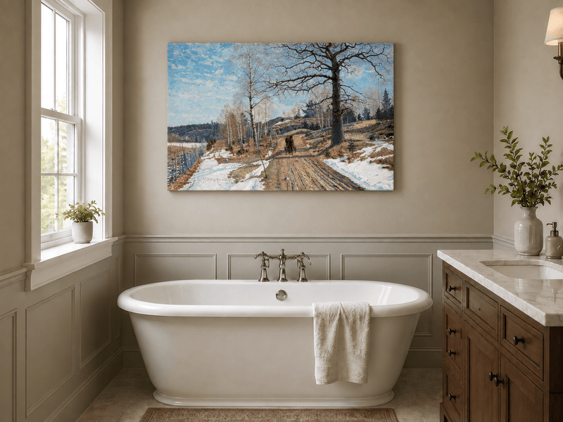 Peinture à l'huile de paysage - Cheval sur une route de campagne au début du printemps