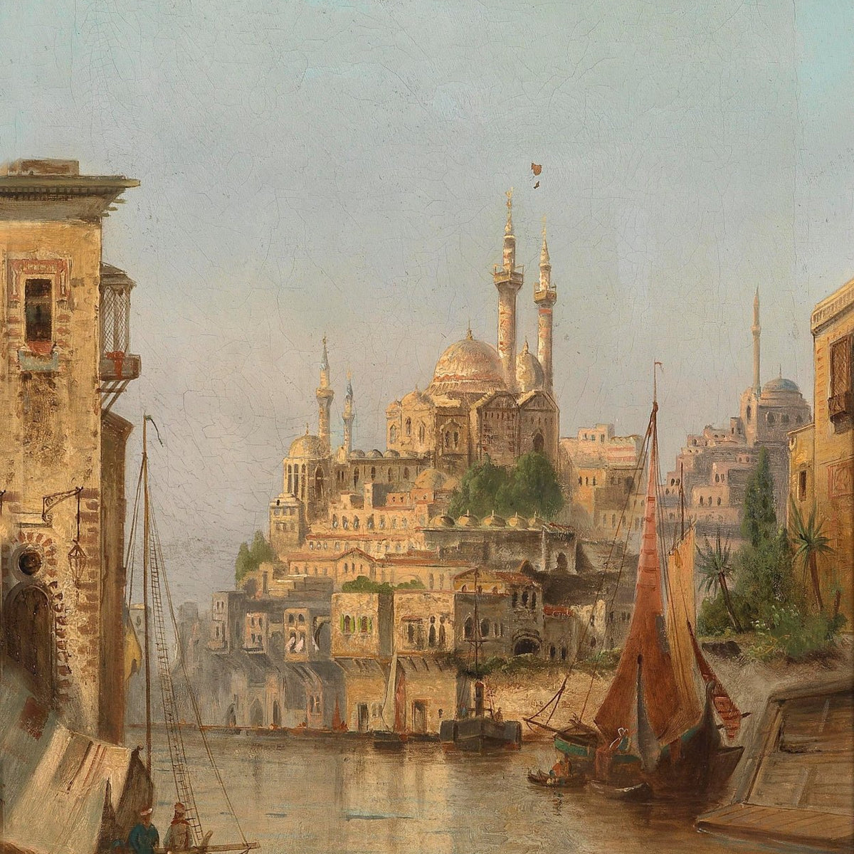 Landscape Oil Painting - Egyptian Riverfront Mosque, Boats & Cityscape - Oil Painting Haven