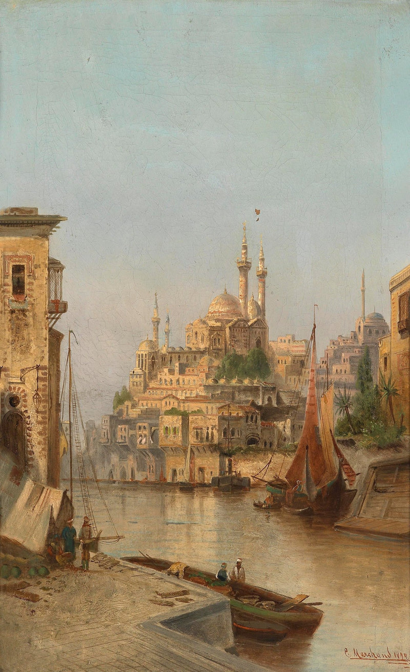 Landscape Oil Painting - Egyptian Riverfront Mosque, Boats & Cityscape - Oil Painting Haven