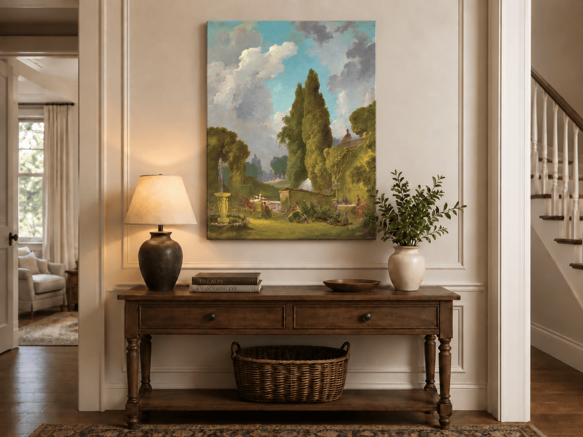 Peinture à l'huile de paysage - Rivière printanière avec pêcheur et arbres