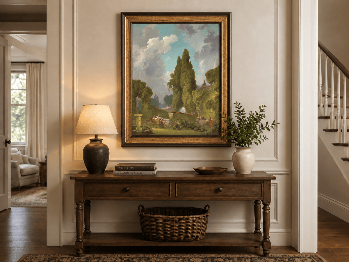 Peinture à l'huile de paysage - Rivière printanière avec pêcheur et arbres