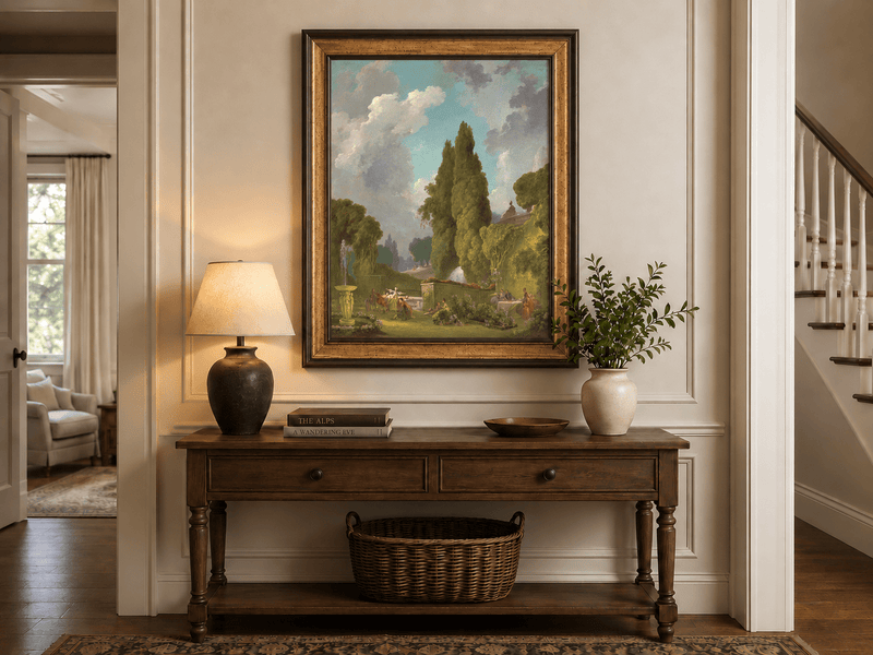 Peinture à l'huile de paysage - Rivière printanière avec pêcheur et arbres