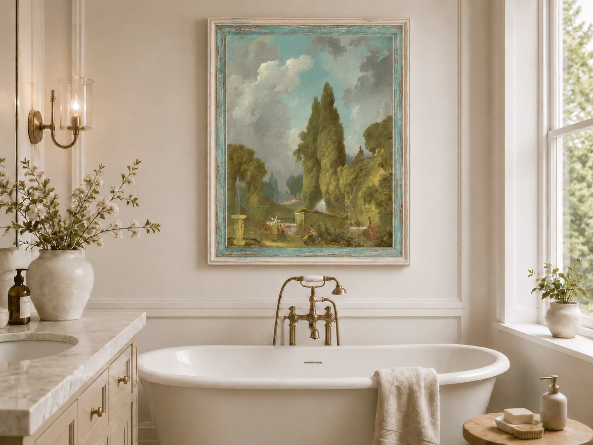Peinture à l'huile de paysage - Rivière printanière avec pêcheur et arbres