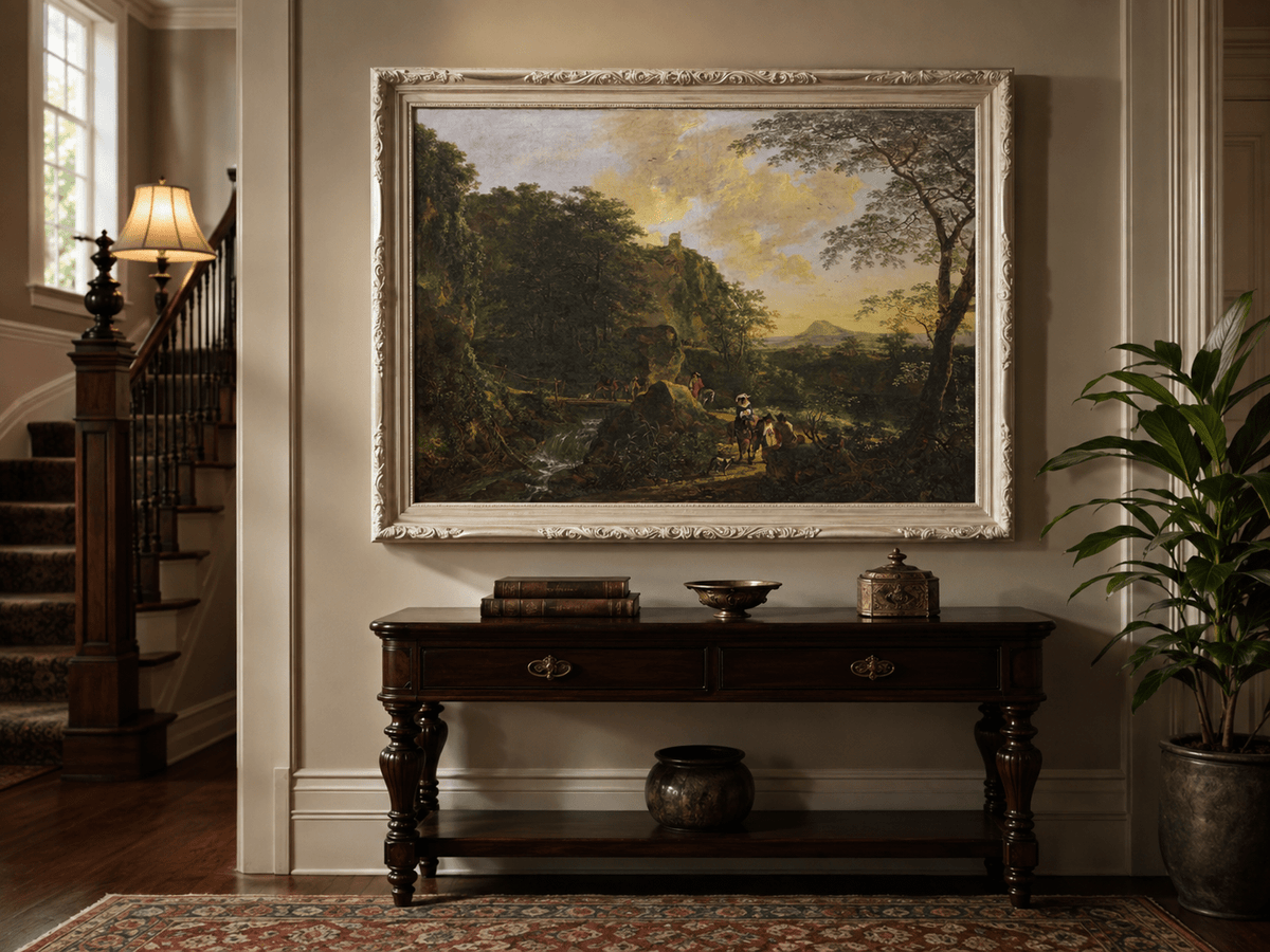 Travelers by a waterfall at sunset hand-painted oil artwork shown as home wall decor.