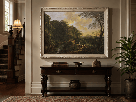 Travelers by a waterfall at sunset hand-painted oil artwork shown as home wall decor.