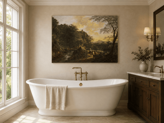 Waterfall travelers at sunset hand-painted oil artwork displayed in a second interior view.
