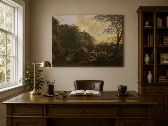 Sunset waterfall oil painting with travelers displayed as landscape wall decor.