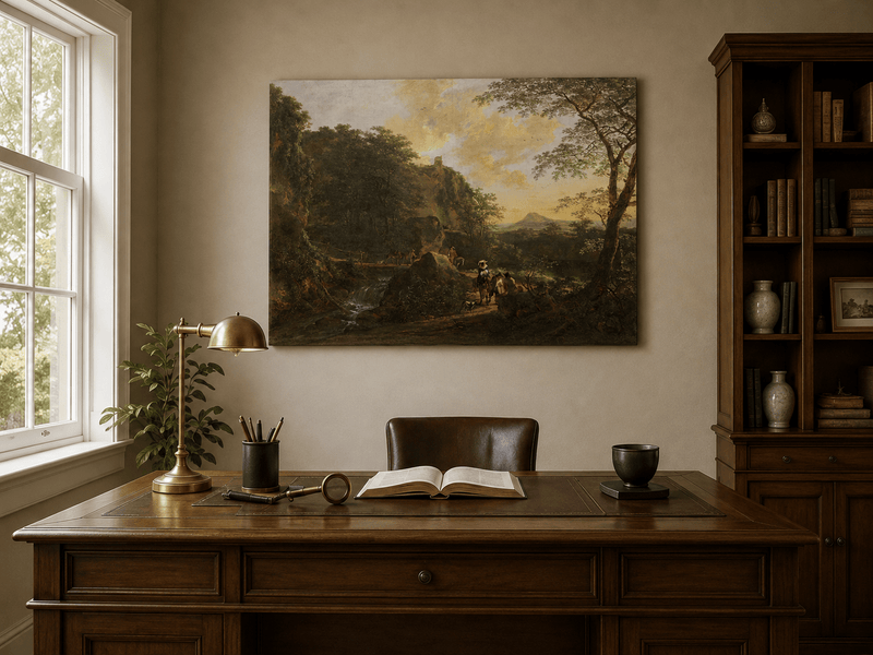 Sunset waterfall oil painting with travelers displayed as landscape wall decor.